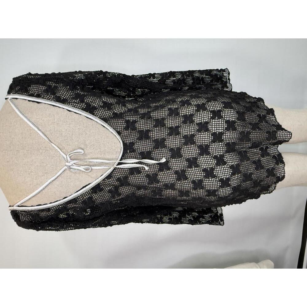 Free People Black Crochet Open-Back Long Sleeve Top with White Trim - Picture 2 of 8